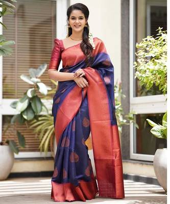 blue red silk blend banarasi saree with unstitched blouse piece 1
