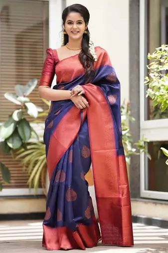 blue red soft art silk banarasi jacuard work designer party wear saree with unstitched blouse piece