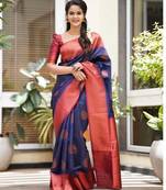 blue red soft art silk banarasi jacuard work designer party wear saree with unstitched blouse piece