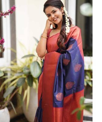 blue red silk blend banarasi saree with unstitched blouse piece 2