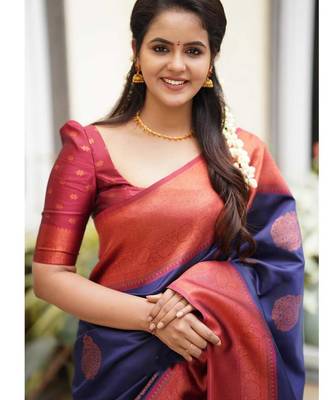 blue red silk blend banarasi saree with unstitched blouse piece 3