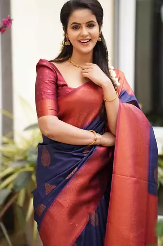 blue red silk blend banarasi saree with unstitched blouse piece
