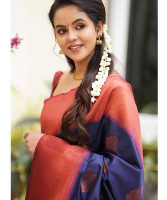 blue red silk blend banarasi saree with unstitched blouse piece 5