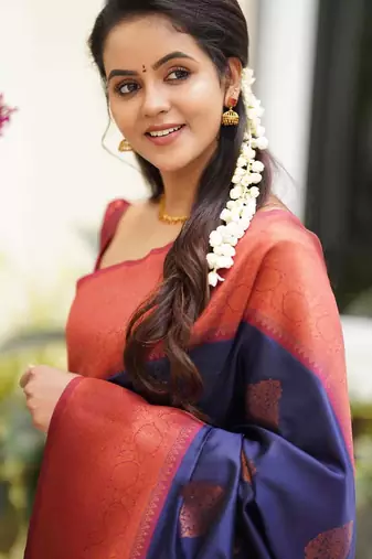blue red silk blend banarasi saree with unstitched blouse piece