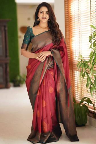 ,aroon green soft art silk banarasi jacuard work designer party wear saree with unstitched blouse piece