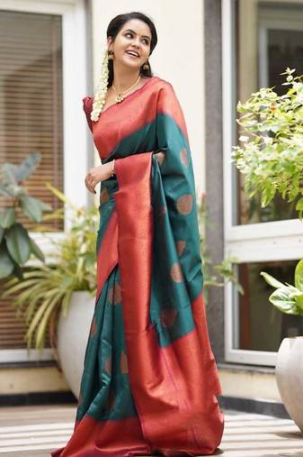 morpich red soft art silk banarasi jacuard work designer party wear saree with unstitched blouse piece