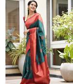 morpich red soft art silk banarasi jacuard work designer party wear saree with unstitched blouse piece