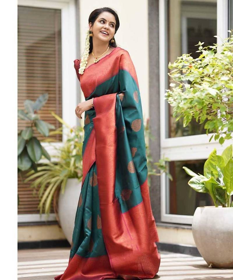 morpich red soft art silk banarasi jacuard work designer party wear saree with unstitched blouse piece