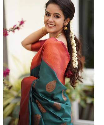 morpich red silk blend banarasi saree with unstitched blouse piece 2