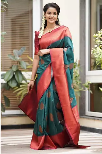 morpich red silk blend banarasi saree with unstitched blouse piece