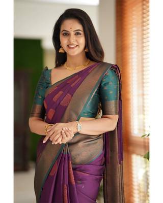 purple green silk blend banarasi saree with unstitched blouse piece 1
