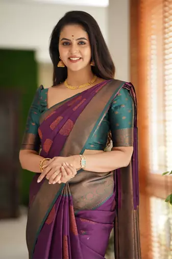 purple green soft art silk banarasi jacuard work designer party wear saree with unstitched blouse piece