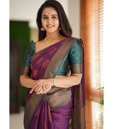 purple green silk blend banarasi saree with unstitched blouse piece