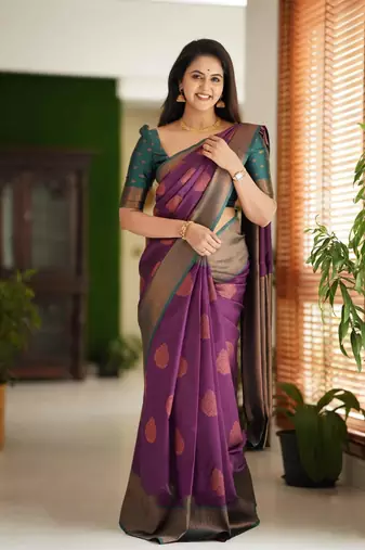 purple green silk blend banarasi saree with unstitched blouse piece