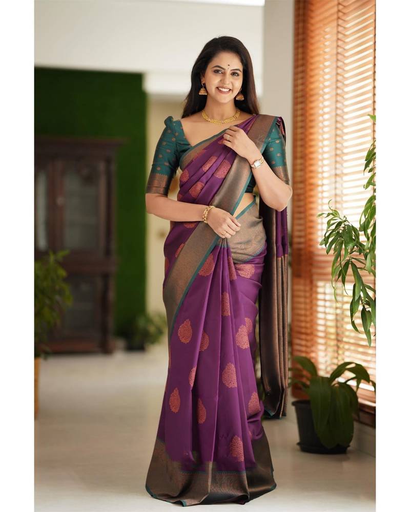 purple green soft art silk banarasi jacuard work designer party wear saree with unstitched blouse piece