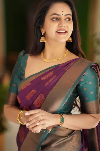 purple green silk blend banarasi saree with unstitched blouse piece