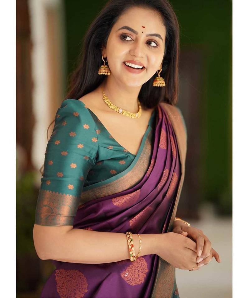 purple green soft art silk banarasi jacuard work designer party wear saree with unstitched blouse piece