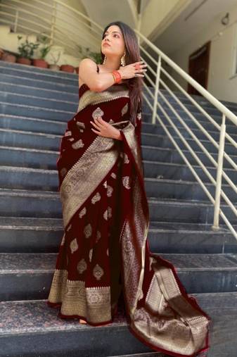 maroon  soft art silk banarasi jacuard work designer party wear saree with unstitched blouse piece