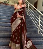 maroon  soft art silk banarasi jacuard work designer party wear saree with unstitched blouse piece