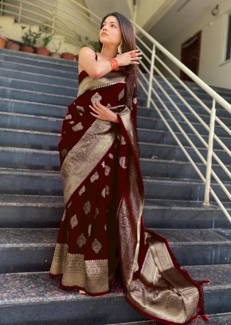 maroon  soft art silk banarasi jacuard work designer party wear saree with unstitched blouse piece