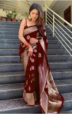 maroon silk blend banarasi saree with unstitched blouse piece 2