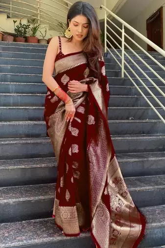 maroon  soft art silk banarasi jacuard work designer party wear saree with unstitched blouse piece