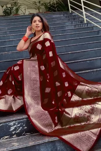 maroon  soft art silk banarasi jacuard work designer party wear saree with unstitched blouse piece