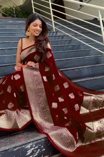 maroon  soft art silk banarasi jacuard work designer party wear saree with unstitched blouse piece
