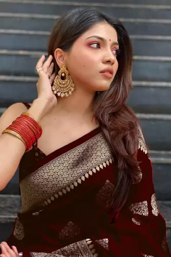 maroon  soft art silk banarasi jacuard work designer party wear saree with unstitched blouse piece