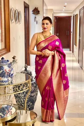  pink soft art silk banarasi jacuard work designer party wear saree with unstitched blouse piece