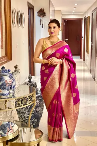  pink soft art silk banarasi jacuard work designer party wear saree with unstitched blouse piece