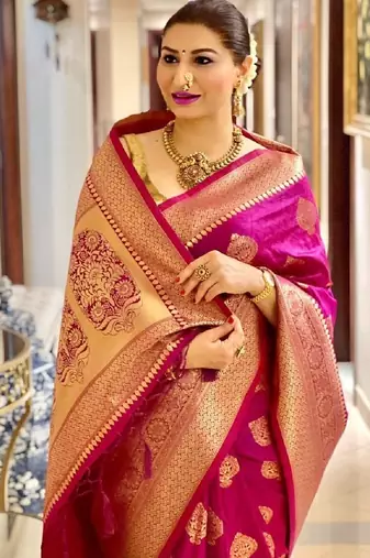  pink soft art silk banarasi jacuard work designer party wear saree with unstitched blouse piece