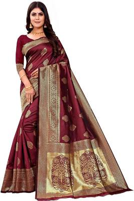 maroon silk blend banarasi saree with unstitched blouse piece 1