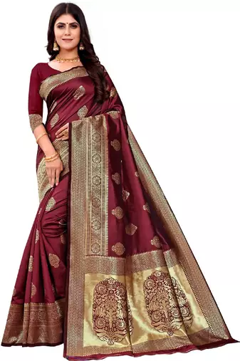 maroon  soft art silk banarasi jacuard work designer party wear saree with unstitched blouse piece