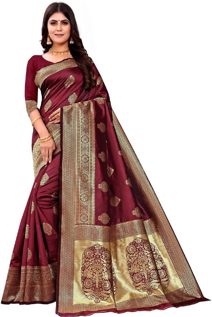 maroon  soft art silk banarasi jacuard work designer party wear saree with unstitched blouse piece