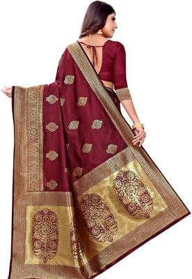 maroon silk blend banarasi saree with unstitched blouse piece 2