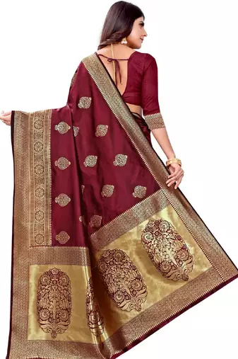 maroon  soft art silk banarasi jacuard work designer party wear saree with unstitched blouse piece