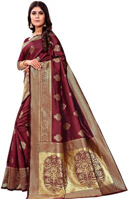 maroon silk blend banarasi saree with unstitched blouse piece 3