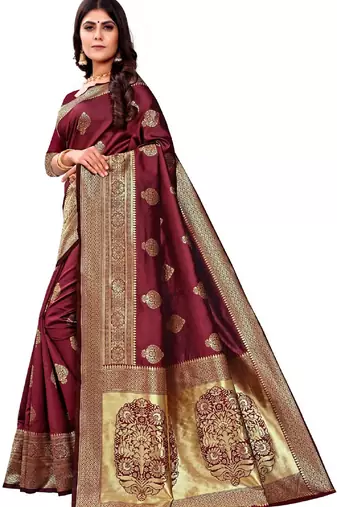 maroon  soft art silk banarasi jacuard work designer party wear saree with unstitched blouse piece