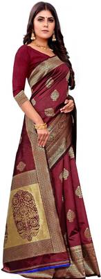 maroon silk blend banarasi saree with unstitched blouse piece 4