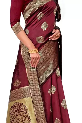 maroon  soft art silk banarasi jacuard work designer party wear saree with unstitched blouse piece