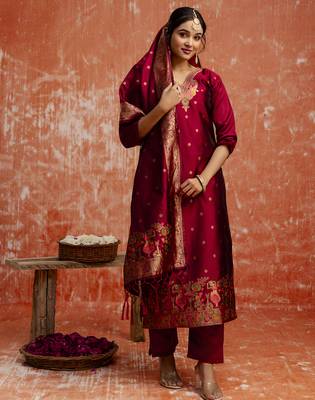 Maroon women kurta pant dupatta set 1