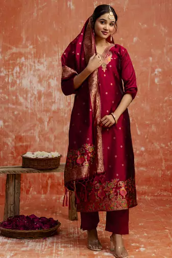 Maroon women kurta pant dupatta set