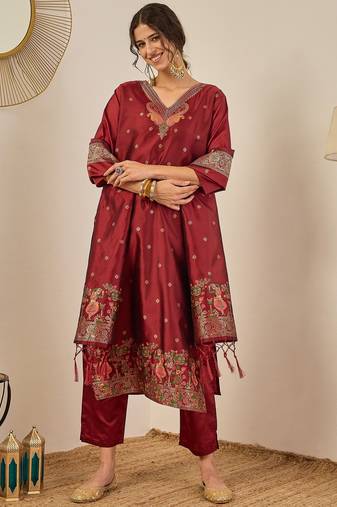 Maroon women kurta pant dupatta set