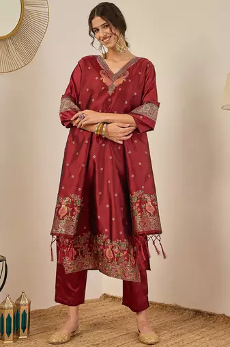 Maroon women kurta pant dupatta set