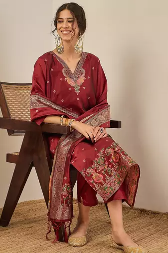 Maroon women kurta pant dupatta set