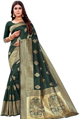 green silk blend banarasi saree with unstitched blouse piece 1
