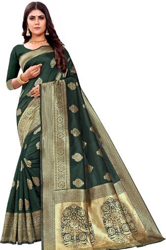 green soft art silk banarasi jacuard work designer party wear saree with unstitched blouse piece