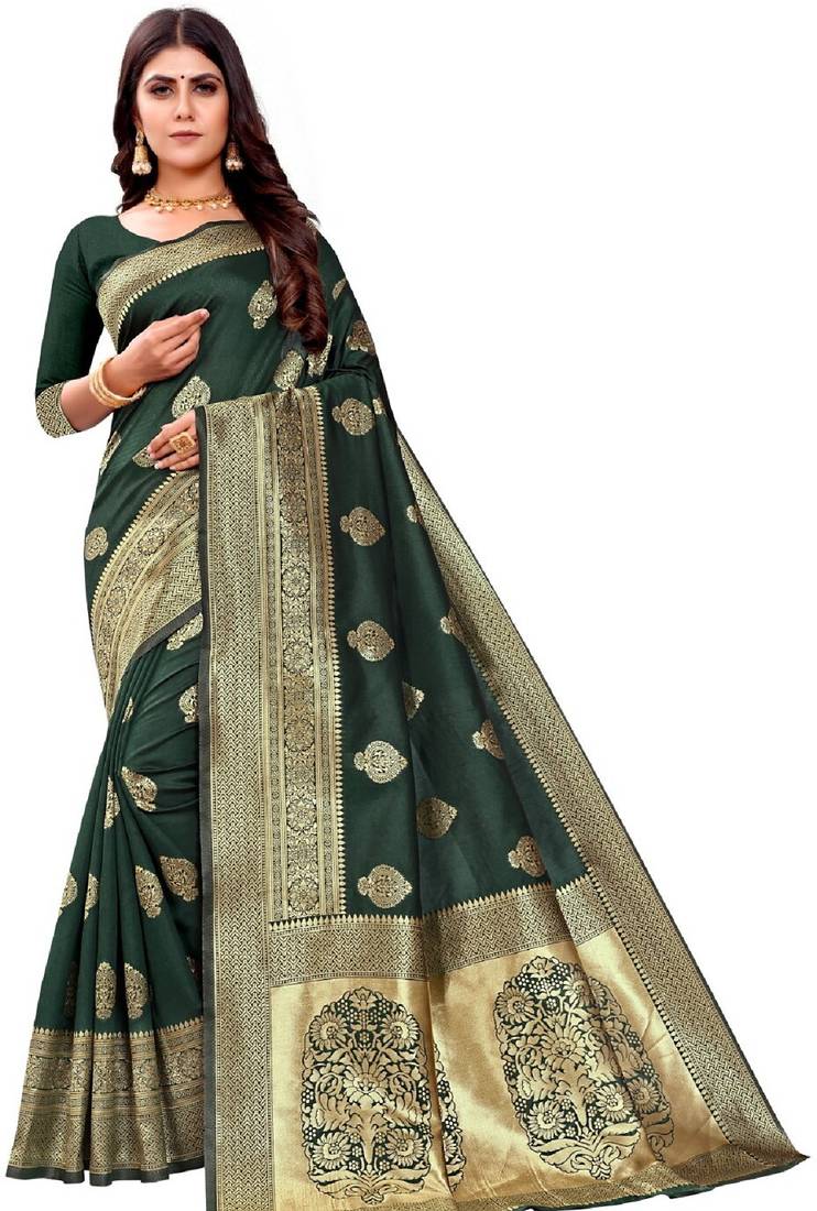 green soft art silk banarasi jacuard work designer party wear saree with unstitched blouse piece