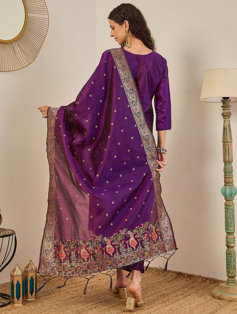 Purple women kurta pant dupatta set